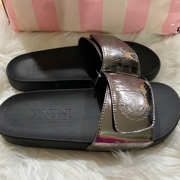 🍃VS PINK Slide Sandals Mettalic - Picture 2 of 4